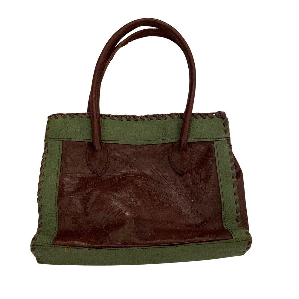 Made in Paraguay Brown and Green Hand Tooled‎ Leather Handbag